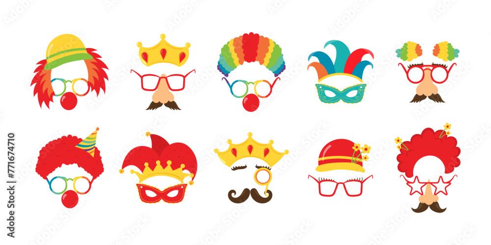 Purim Jewish holiday isolated on white background. Design for the Jewish holiday Purim with masks and traditional props. Vector illustration,