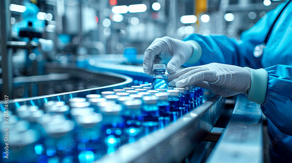 close up of Lab Technician checking quality of vial medication in Pharmaceutical Manufacturing Line close up of Lab Technician checking quality of vial medication in Pharmaceutical Manufacturing Line