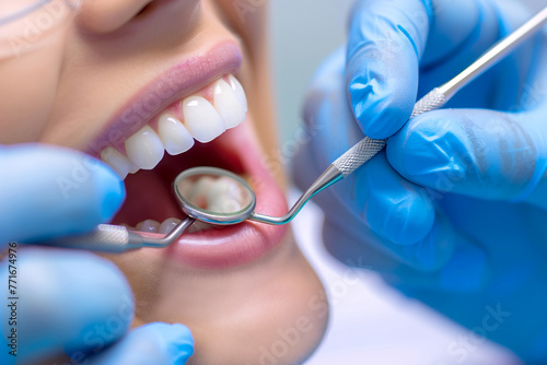 Dental Health Checkup with Dentist Using Mirror and Probe on Patient s Teeth