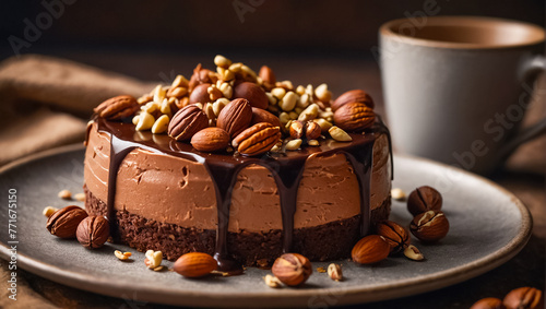 Delicious cheesecake with chocolate and nuts