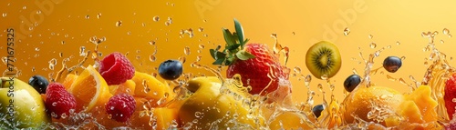 Refreshing burst of juice from exotic fruits, captured at the moment of impact, symbolizing vibrant vitality, high-resolution, photographic style, geometric shapes photo