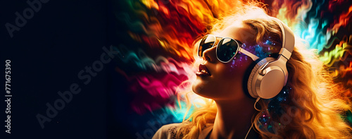 Blonde girl with sunglasses and headphones on patterned banner, young woman enjoys music, banner with copy space, header disco party invitation template