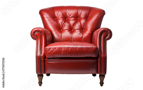 A vibrant red leather chair stands boldly against a serene white backdrop
