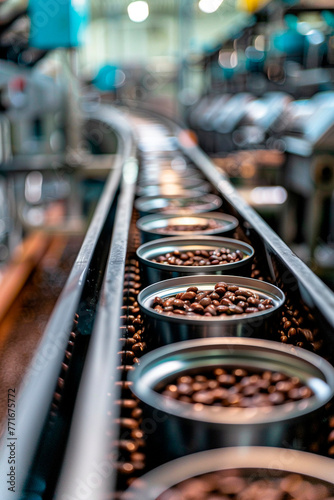 beans in cans in production. Selective focus.