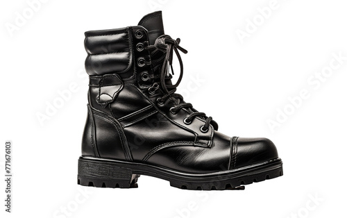 A pair of sleek black combat boots stand tall against a pure white backdrop, exuding strength and style