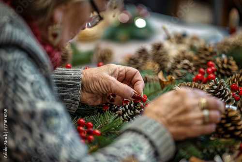A woman crafting Christmas-themed decorations