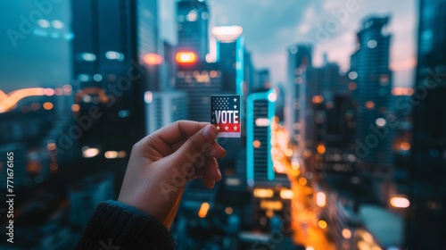 Hand holding a VOTE sticker with urban skyline in the background. Democracy and election concept