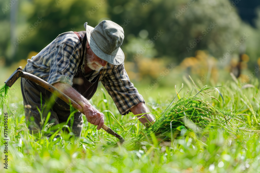 Fototapeta premium An elderly man using a scythe to mow down grass