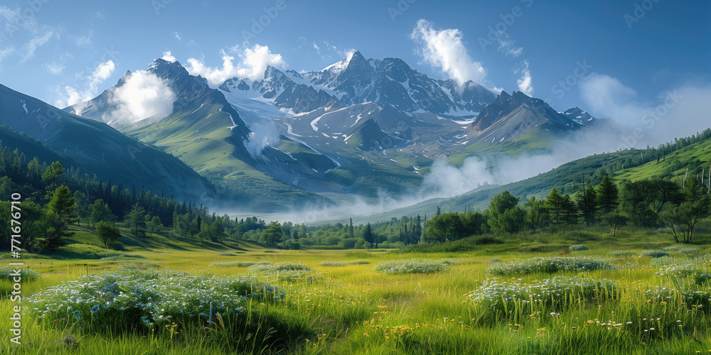 Beautiful summer landscape in the mountains. Panoramic view of blooming valley.