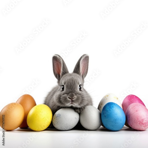 Gray bunny with colored Easter eggs on white background