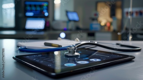 Medical stethoscope on tablet with futuristic health monitoring interface. Healthcare technology and digital diagnostics concept.