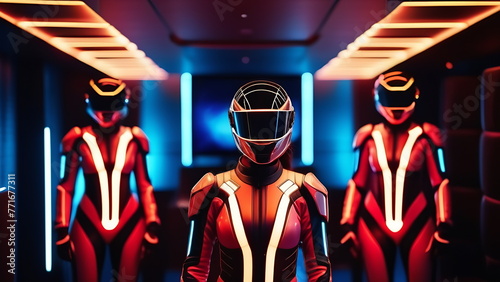 3 girls in gaming red leather suits with helmets with white LED lights