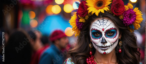 beautiful woman with painted skull on her face for Mexico's Day of the Dead