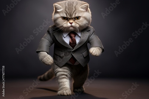 Cute kind funny cat in a suit stands on his hind legs isolated on a dark background