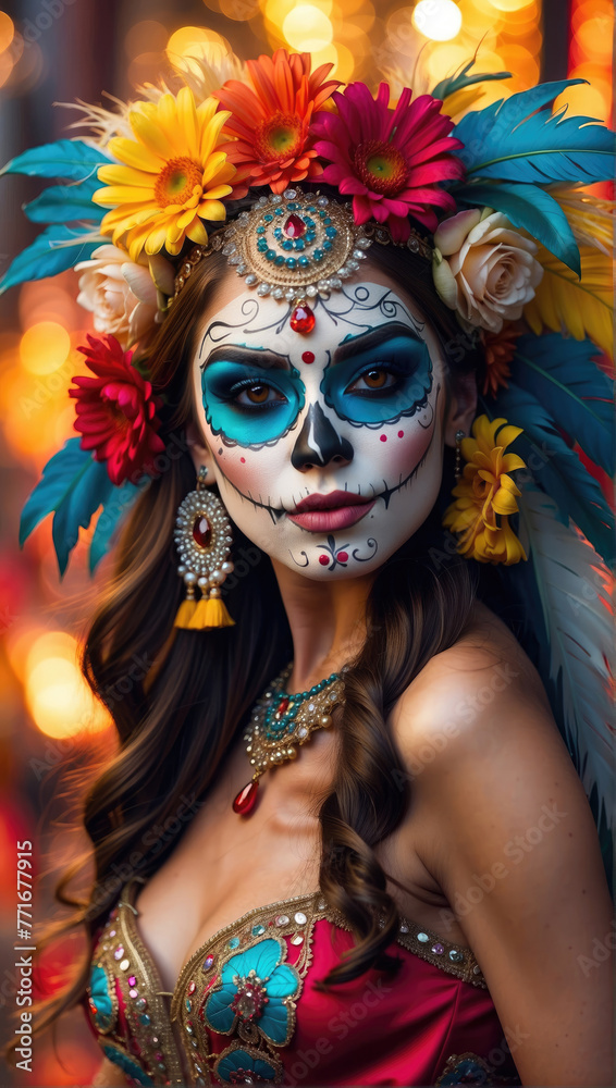 beautiful woman with painted skull on her face for Mexico's Day of the Dead