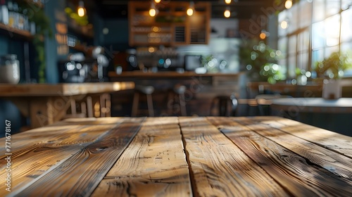 Empty wooden table top with lights bokeh on blur restaurant background ai generated 