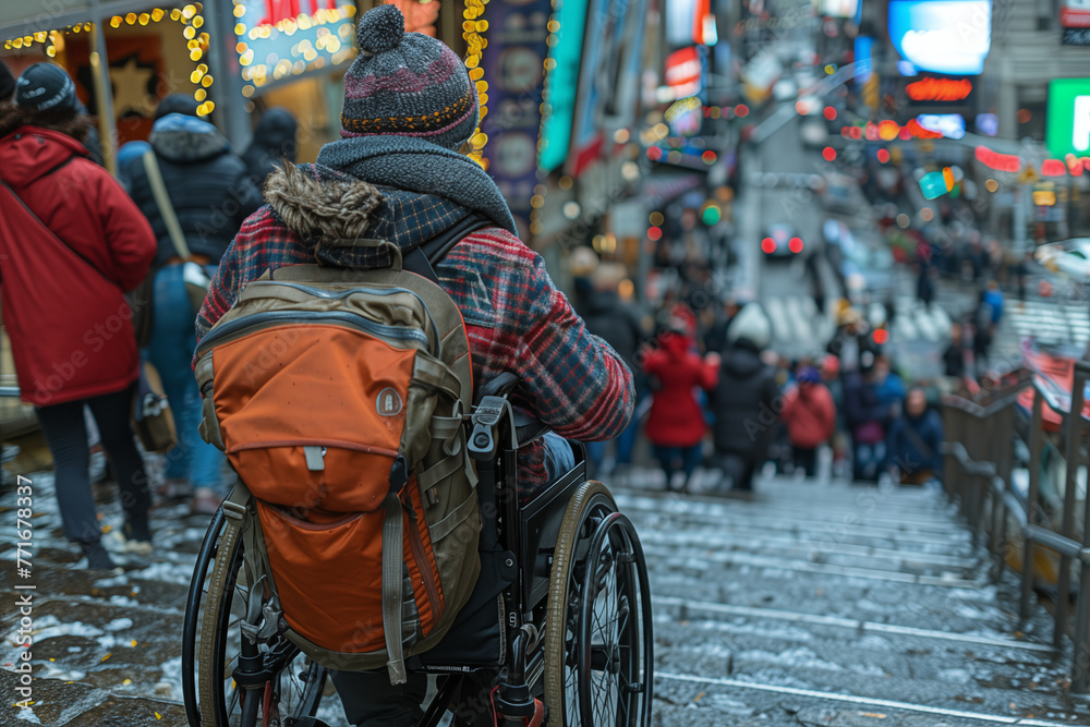 disabled person in a stroller looks at the stairs leading to the subway because there is no special place for the wheels of the stroller. Social problem concept