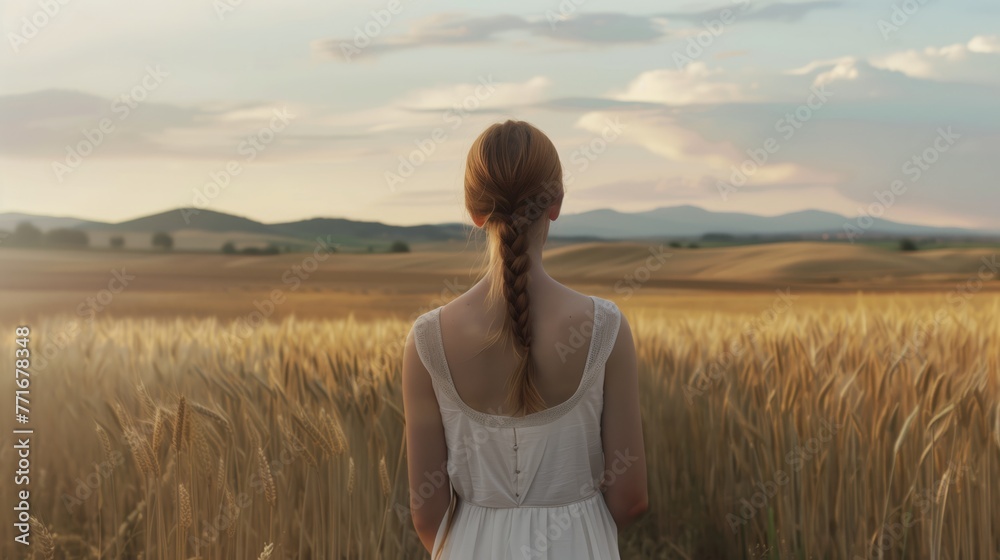 Red-haired girl in a field of wheat in sunset Red-haired girl in a field of wheat in sunset