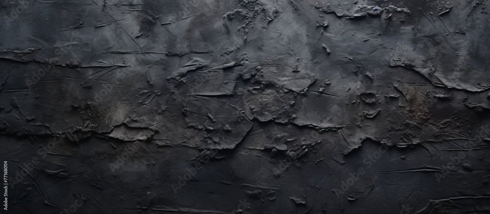 A close up of a weathered black wall with flaking paint resembling a bedrock outcrop in a natural landscape, contrasted with grey wood and freezing rock