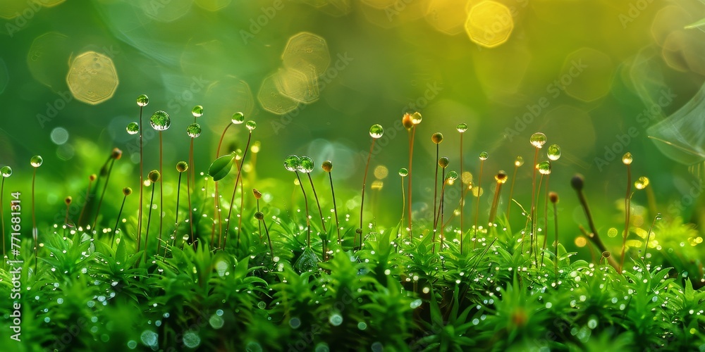 A field of green grass with dew drops on it