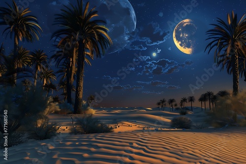 : A bright, moonlit night in the desert, with a shimmering mirage of a distant oasis