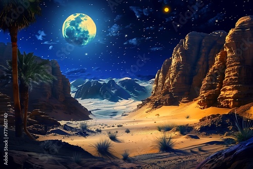   A bright  moonlit night in the desert  with a shimmering mirage of a distant oasis