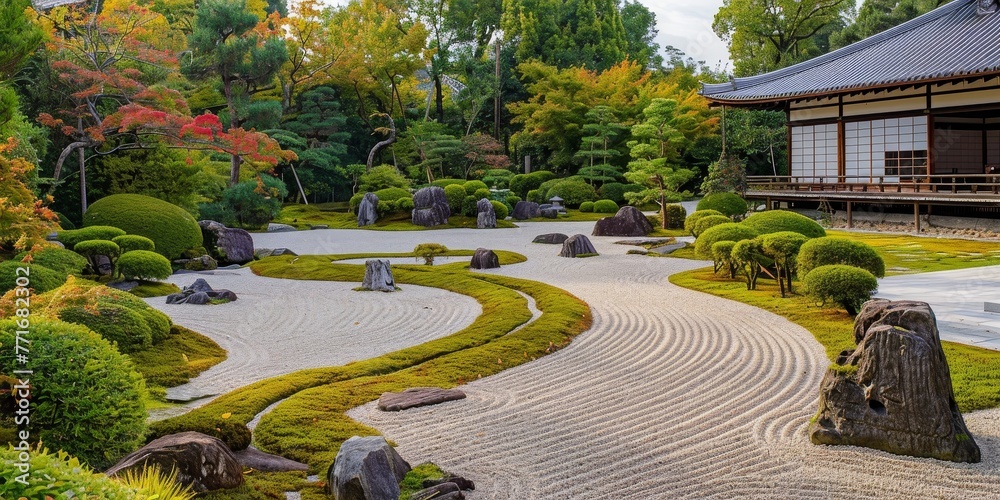 A Japanese garden with a house in the background A Japanese garden with a house in the background