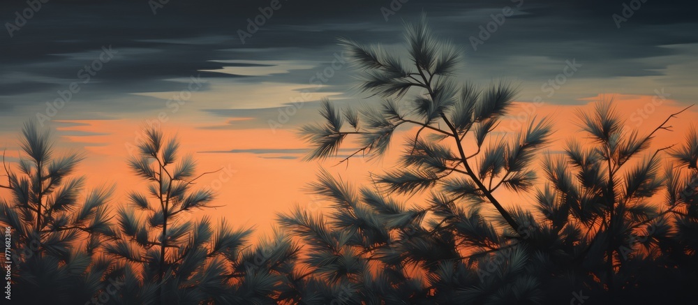A beautiful painting capturing a sunset with trees in the foreground, set against a colorful sky filled with clouds and a serene natural landscape during dusk