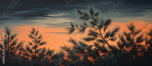 A beautiful painting capturing a sunset with trees in the foreground, set against a colorful sky filled with clouds and a serene natural landscape during dusk