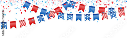 Feast flags with falling confetti for american independence day. Holiday decoration. Isolated vector design elements.