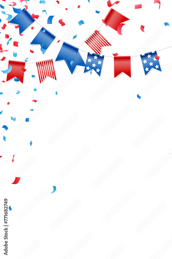 Feast flags with falling confetti for american independence day. Holiday decoration. Isolated vector design elements. Feast flags with falling confetti for american independence day. Holiday decoration. Isolated vector design elements.
