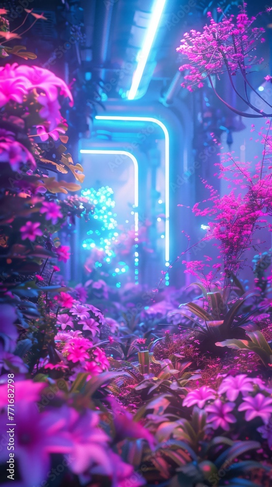 A neon retro inspired future world where nature merges with technology