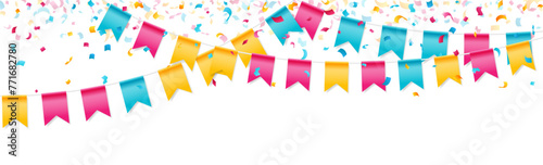 Feast flags with falling confetti for birthday, carnival, anniversary, holiday and celebration party. Isolated vector design elements.