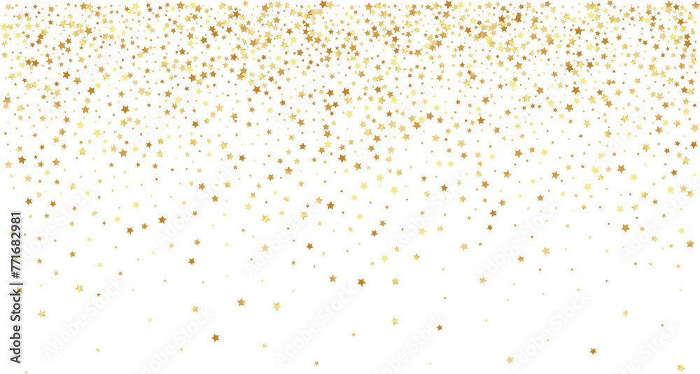 Golden stars confetti decoration. Horizontal top  border from falling sparklers. Design element. Special effect on transparent background.
