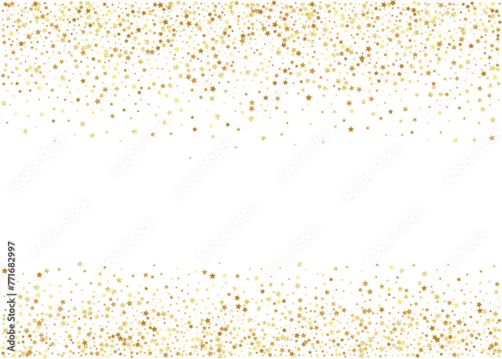 Golden stars confetti decoration. Horizontal top and down border from falling sparklers. Design element. Special effect on transparent background.