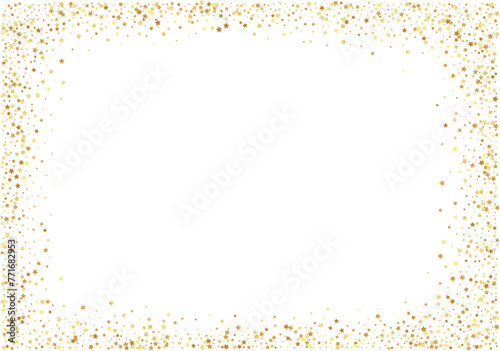 Golden stars confetti decoration. Frame from falling sparklers. Design element. Special effect on transparent background.