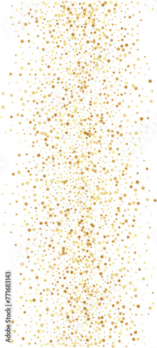 Golden stars confetti decoration. Vertical border from falling sparklers. Design element. Special effect on transparent background.