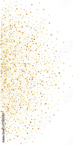 Golden stars confetti decoration. Vertical border from falling sparklers. Design element. Special effect on transparent background.