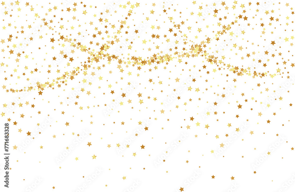 Golden stars confetti decoration. Top border from garland and falling sparklers. Design element. Special effect on transparent background.