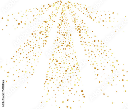 Golden stars confetti decoration. Rays from falling sparklers. Design element. Special effect on transparent background.