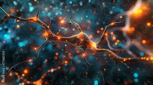 A network of neurons, with abstract synapses firing and transmitting information across the brain