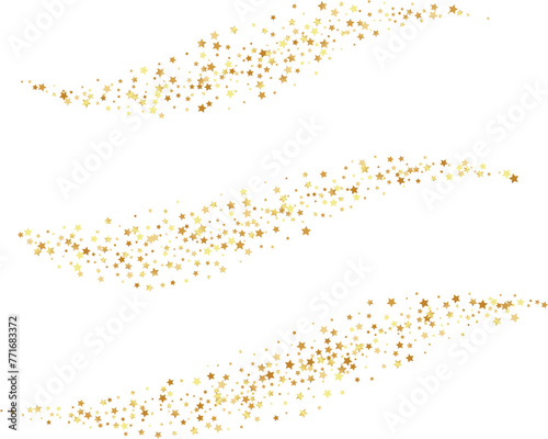 Golden stars confetti decoration. Horizontal flying path. Design element. Special effect on transparent background.