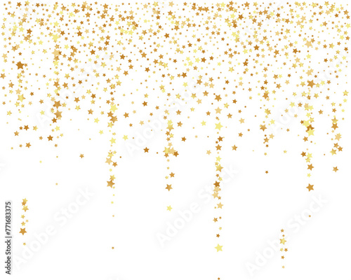 Golden stars confetti decoration. Top border from falling sparklers. Design element. Special effect on transparent background.