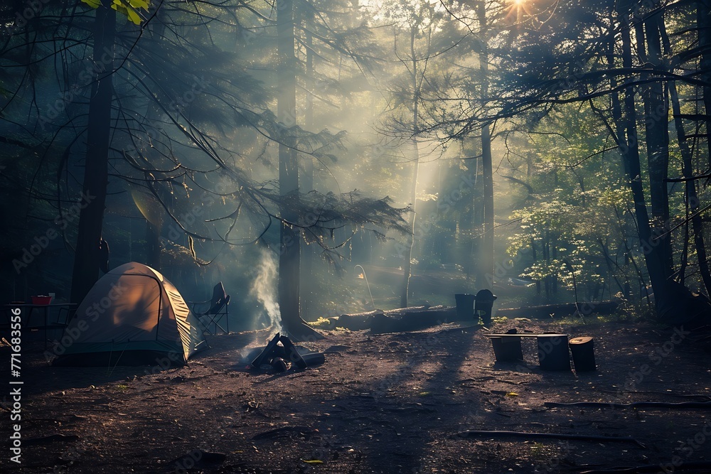 : A campsite in the forest, with smoke from the fire and the surroundings changing with the light - obrazy, fototapety, plakaty 