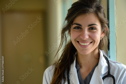 Smiling female medicine doctor, medical background.
