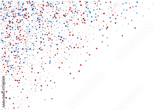 Blue and red stars confetti decoration. Corner from falling sparklers. Design element. Special effect on transparent background.