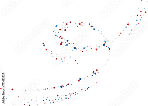 Blue and red stars confetti decoration. Spiral path. Design element. Special effect on transparent background.