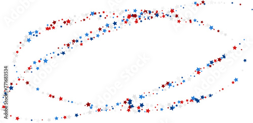 Blue and red stars confetti decoration. Flyinf rings. Design element. Special effect on transparent background.