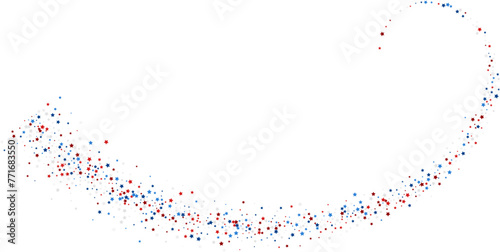 Blue and red stars confetti decoration. Swirl from falling sparklers. Design element. Special effect on transparent background.