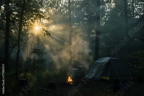 : A campsite in the forest, with smoke from the fire and the surroundings changing with the light